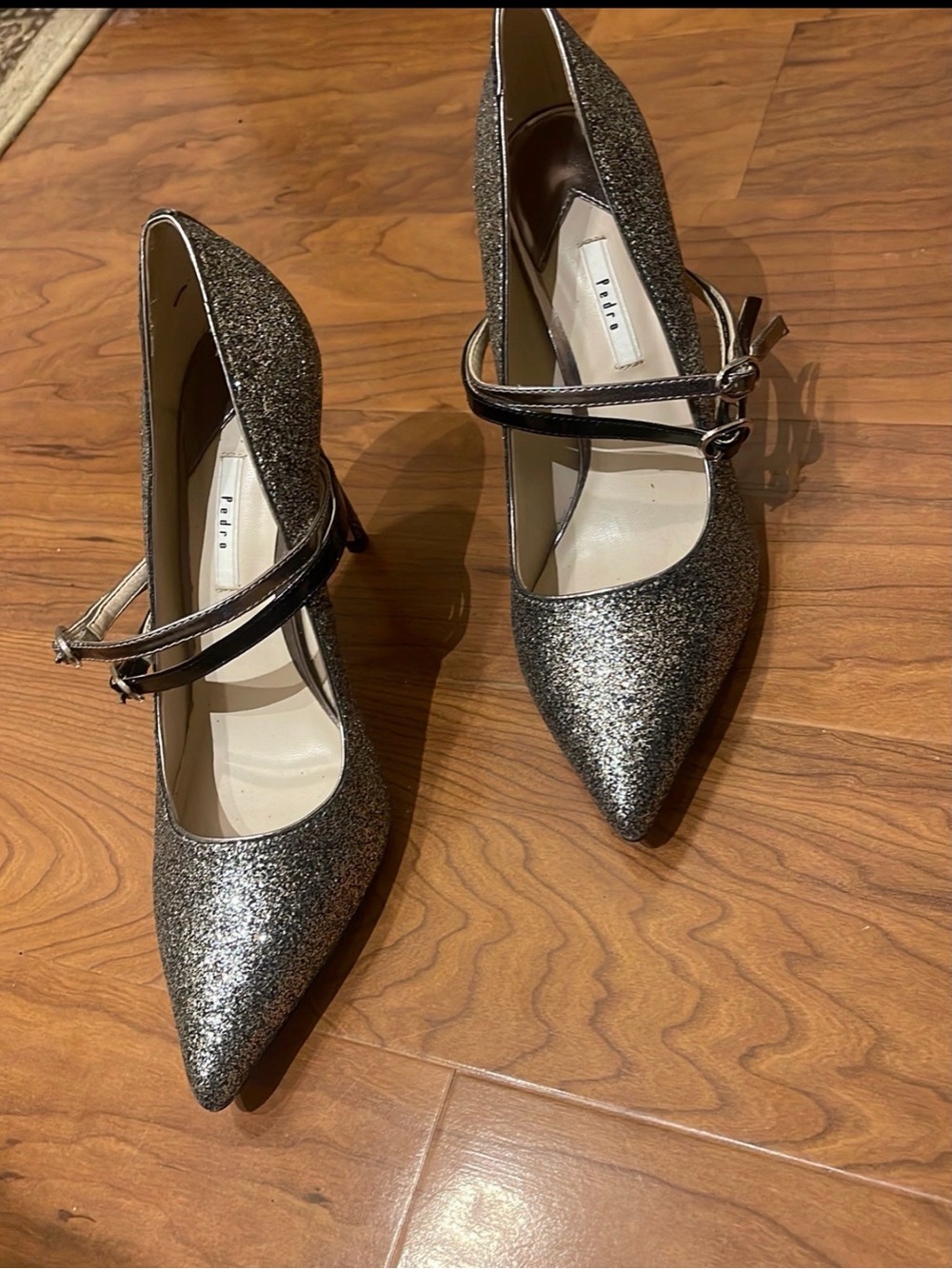 Pedro Garcia Silver Glitter Pointed Mary Jane Heels